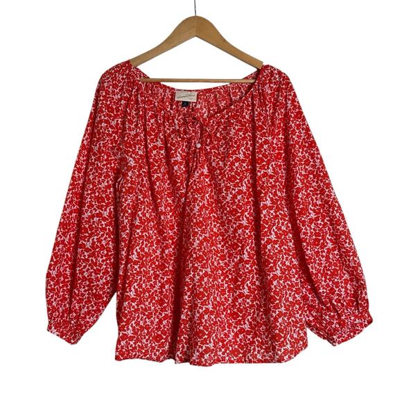 Universal Thread Women's Boho Ditsy Floral Top Blouse Peasant Size 2XL Red White - Picture 2 of 7